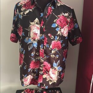 Floral Black Shirt and Short set with Red and Blue Accents